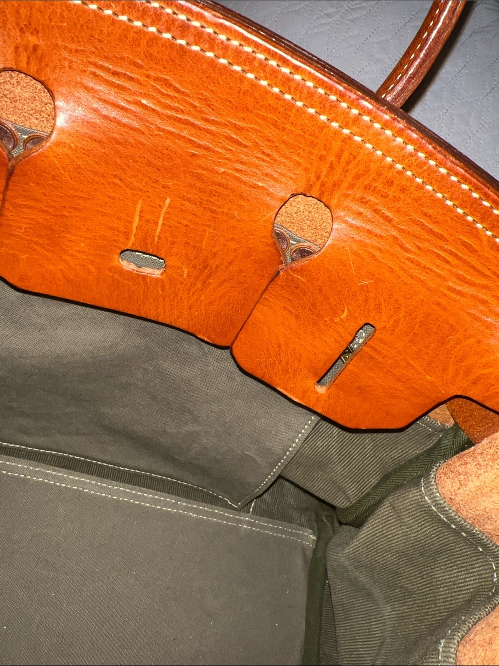 Atorie  / RM Leather Structured Two-Tone Satchel in Tan Leather and Olive Canvas - Picture 14 of 16